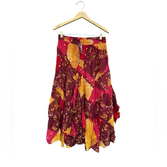 Vintage 90s Boho Red Yellow Patchwork Rayon Midi Maxi Skirt Hippie Festival - Picture 1 of 5